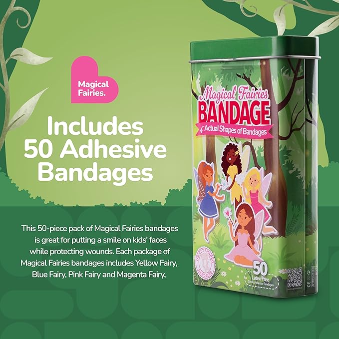 BioSwiss Bandages, Magical Fairies Shaped Self Adhesive Bandage, Latex Free Sterile Wound Care, Fun First Aid Kit Supplies for Kids and Adults, 50 Count-CubbioJoy