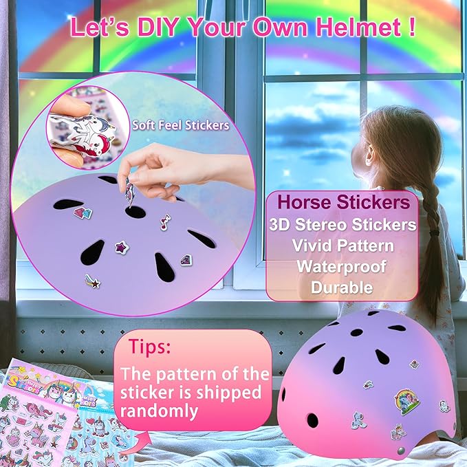 Kids Bike Helmet with DIY Stickers and Knee Pads Elbow Pads Wrist Guard Set for Ages 3-8-14 Toddler Boys Girls Helmet for Roller Skates Cycling Skateboarding Bicycle Scooter-CubbioJoy