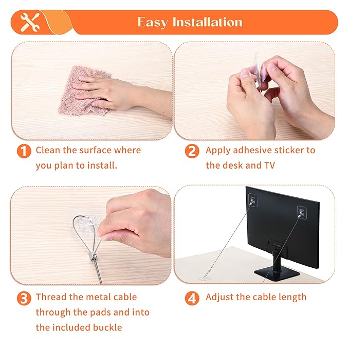 8 Pack 40" TV Safety Stainless Steel Straps Adjustable, Adhesive Anti-Tip Furniture Anchor for Flat Screen, TV and Furniture Safety Straps for Baby Proofing-CubbioJoy