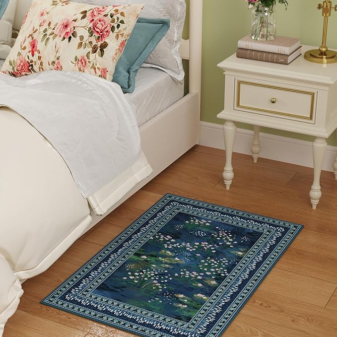 2x3 Rug Impressionist-Style Vintage Indoor Door Mat Machine Washable Small Area Rug Non-Slip Low Pile Throw Rugs for Entryway Kitchen Front Door Indoor Entrance Entry Kids Room, Blue-CubbioJoy