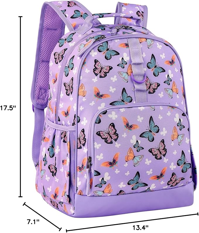 Choco Mocha Butterfly Backpack for Girls, Elementary School Backpack for Girls Ages 6-8 Kids Kindergarten Backpack Bookbag 17 Inch with Chest Strap, Purple-CubbioJoy
