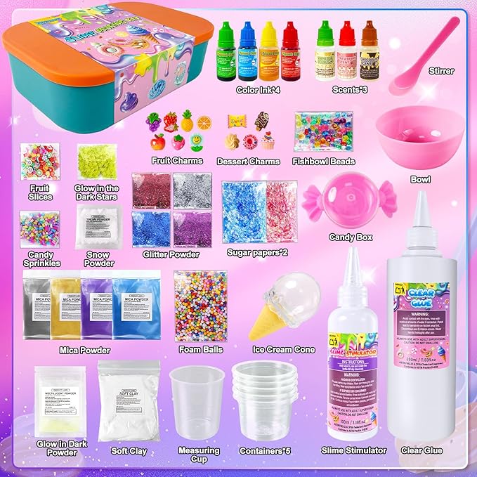 DIY Slime Kit for Girls, Galaxy & Glow in The Dark Slime Making Kit for Kids 6-12, Glimmer Crunchy, Butter & Cloud Slime Kit with Add-ins, Foam Balls, Charms, Glitters, Gift Toys for Boys Girls-CubbioJoy
