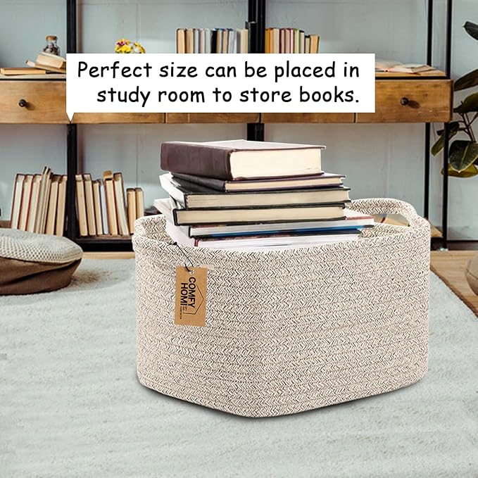 COMFY-HOMI 3PACK Cotton Rope Woven Basket With Handles for Shelves, Toy, Book, Cloth Storage Basket for Organizing|13.5" x 11" x 9.5" Decorative Nursery Cube Bin for Living Room（all brown）-CubbioJoy