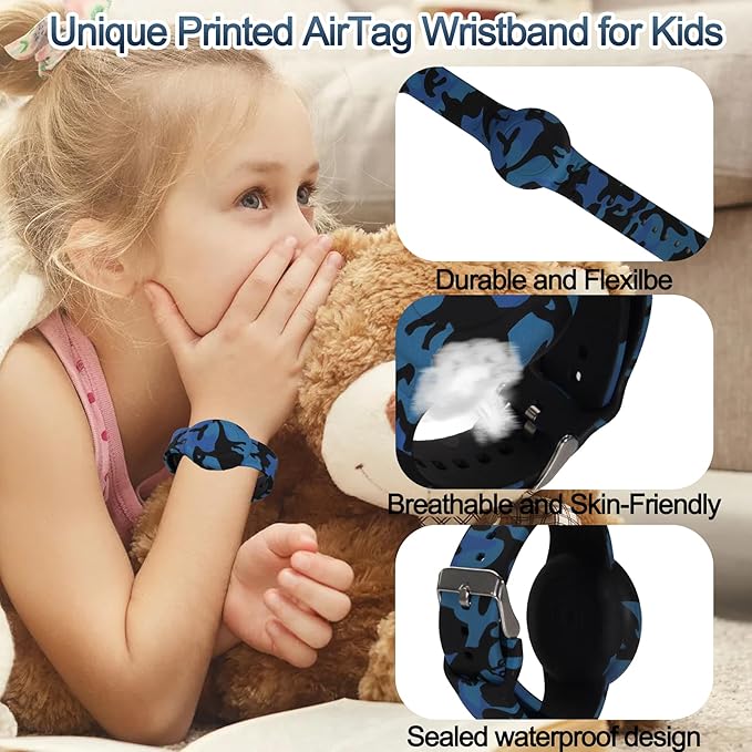4 Pack Waterproof AirTag Bracelet for Kids, Hidden Printed Wristband for Apple Air Tag, Silicone AirTag Holder GPS Tracker Case for Band for Child Toddler, Secure Anti-Lost Protection-CubbioJoy