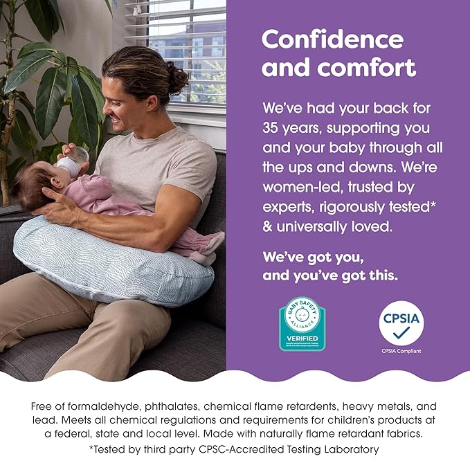 Boppy Nursing Pillow - Ergonomic Bottle & Breastfeeding Pillow with High, Firm, Large Area, Water-Repellent Cushion with Washable Cover; Baby Safety Alliance Verified - Blue Speckled Current-CubbioJoy