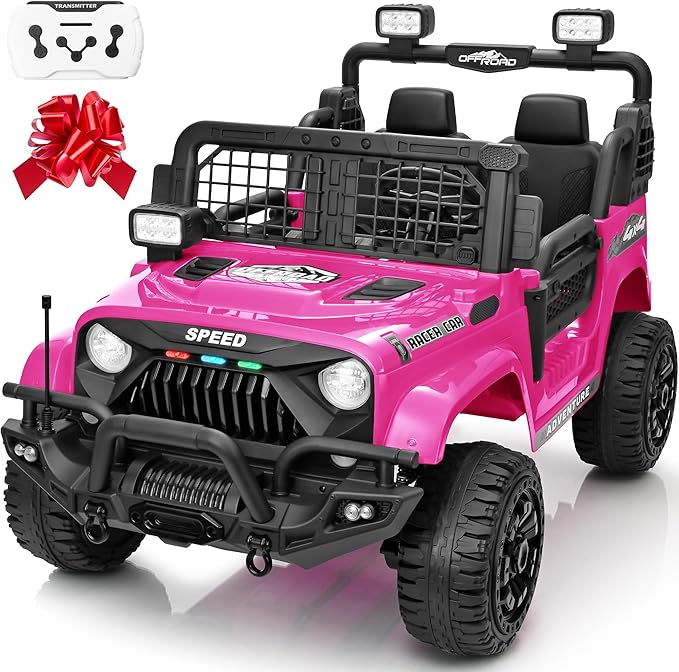 2 Seater Ride On Car Truck with Remote Control XL, Kids 24V Battery Powered Electric Vihicle w/21 in Seat, 3 Speeds, 2WD/4WD Switichable, Shock Absorbers,Bluetooth, Flower, Gift Choice-CubbioJoy