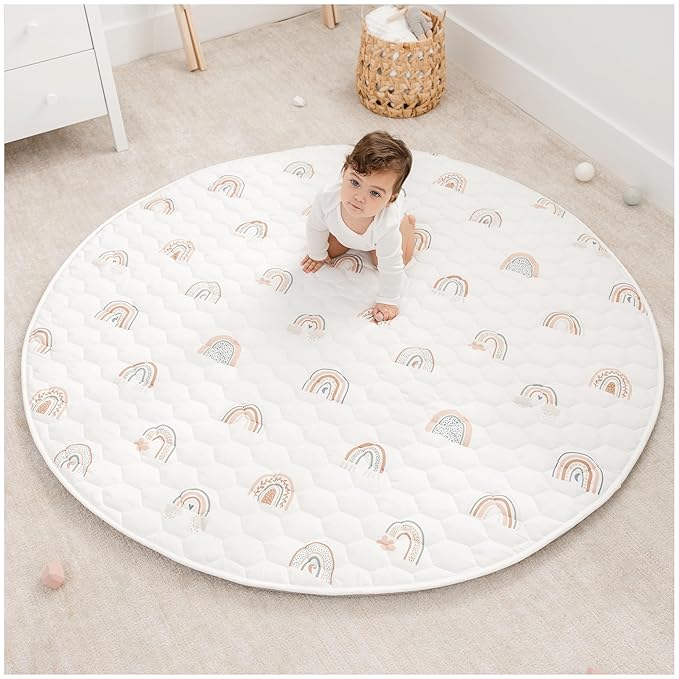 Comfy Cubs Round Kids Play Mat - Large 60 inches Soft Quilted Baby Floor Mat with Non-Slip Bottom - Plush Design for Toddlers' Playtime and Relaxation - Comfortable and Durable - Rainbow-CubbioJoy