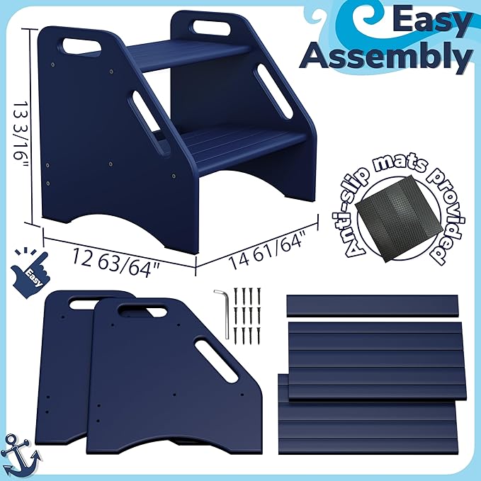 AMBIRD Wooden Step Stool, Two Step Stools Toddler 300 lbs Capacity with Safety Non-Slip Pads and Handles, Bamboo Step Stool for Bathroom, Kitchen Dual Height Step Stools for Kids (Navy Blue)-CubbioJoy