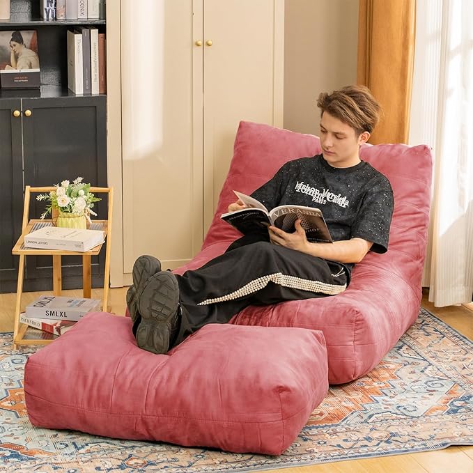 Bean Bag Chair with Ottoman, Comfy Bean Bag Sofa with Memory Foam, Lazy BeanBag Sofa with Footstool, Fireside Bean Bag Couch for Living Room, Bedroom, Apartment-CubbioJoy