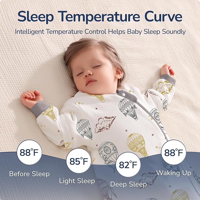 Baby Sleep Sack 3-6 Months, Cotton Detachable Long Sleeve Sleep Sack, 2.5 Tog Toddler Sleeping Sack with Temperature Strips, 2-Way Zipper Wearable Blankets for Newborns, Hot Air Balloon-CubbioJoy