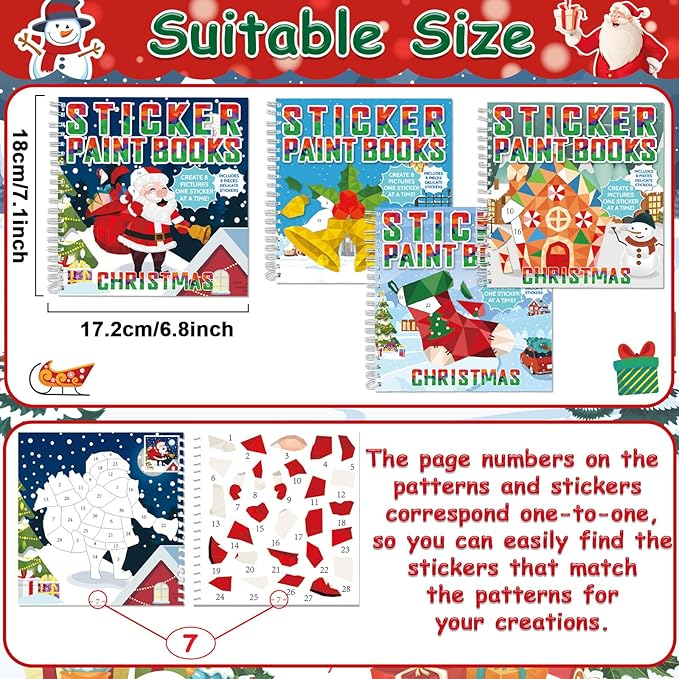 4 Pcs Christmas Paint by Sticker Books for Kids Ages 4-8 Sticker by Number Books Activity Book for Kids Ages 3-5 Sticker Puzzle Book Craft Art Toddlers Gift Snowman Santa Claus Xmas Tree 32 Pictures-CubbioJoy