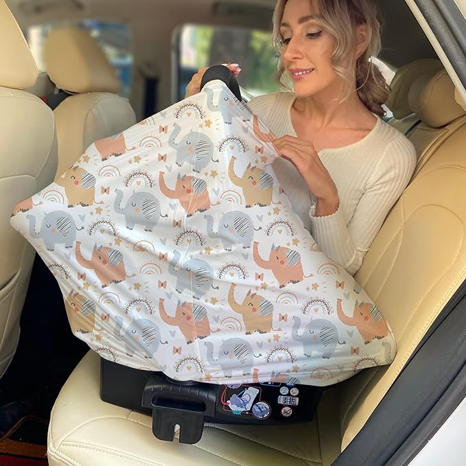 Breathable Car Seat Cover for Babies – Multi-Purpose Soft Rayon Nursing Cover for Breastfeeding, High Stretchy Infant Carseat Canopy, Stroller Cover (Smooth Rayon, Cute Elephant)-CubbioJoy