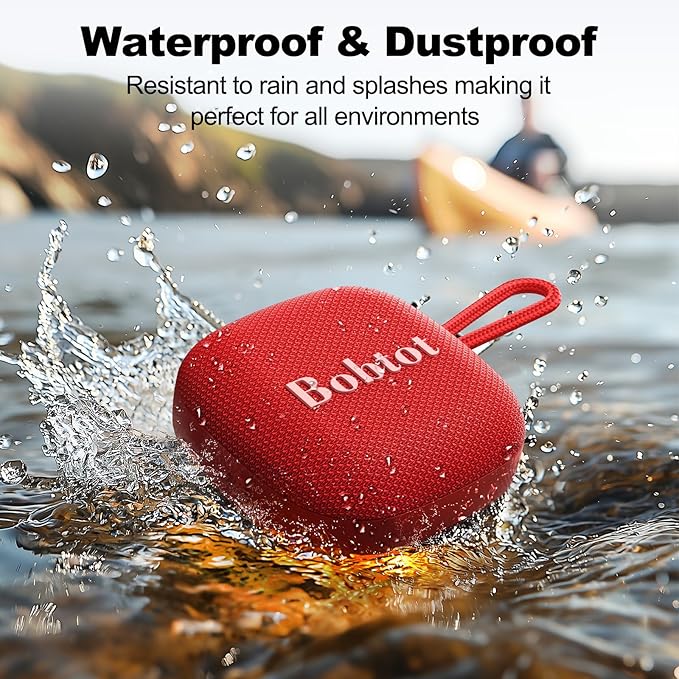 Bobtot Portable Bluetooth Speakers Wireless - IPX7 Waterproof Shower Speaker with 16 Hours Playtime, Loud Stereo Sound, TWS, Built-in Mic, Mini Size with Lanyard to Carry, Red-CubbioJoy