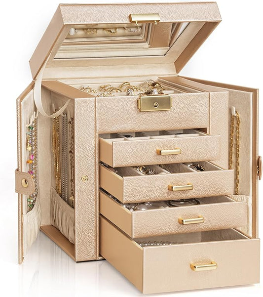 AKOZLIN 5-Tier Jewelry Box Leather Jewelry Storage Organizer with 4 Drawers Lockable for Women Girls Ring Necklace Earring Bracelet Watches Holder with Mirror Champagne-CubbioJoy