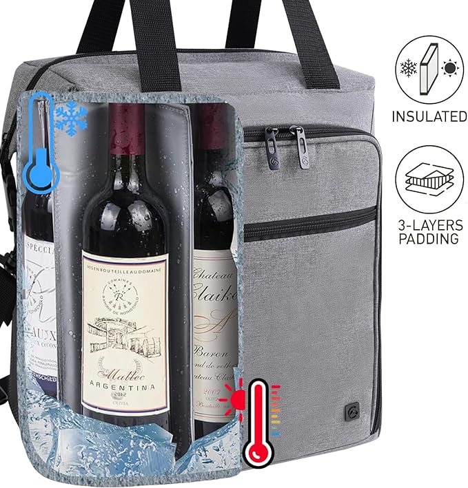 ALLCAMP 6 Bottle Wine Gift Bag - Insulated Tote Cooler, Adjustable Strap, Includes 6 Wine Glasses, Napkins & Corkscrew, Portable Travel Gifting(Gray)-CubbioJoy