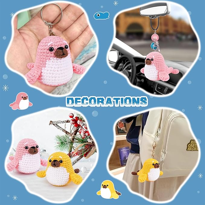 Crochet Kit for Beginners - Seal Crochet Kits with Step-by-Step Video Tutorials, Beginner Crochet Kit for Adults Kids, Crochet Animal Kit, 2 PCS Seals with a Fish Crocheting Set-CubbioJoy