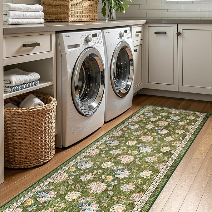 jinchan 3x8 Floral Runner Rug for Hallway Washable Kitchen Runner Vintage Romance Design Non Slip Thin Indoor Floor Cover Low-Profile Throw Carpet for Entryway Bathroom Bedroom Porch, Green-CubbioJoy