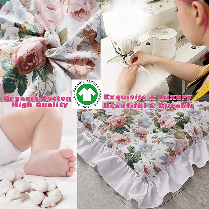 Brandream French Country Garden Floral Crib Bedding Sets for Girls Baby Nursery Bedding Set 3 Piece Ruffled Baby Quilt, Crib Sheet, Crib Skirt - White Blush Pink Green-CubbioJoy