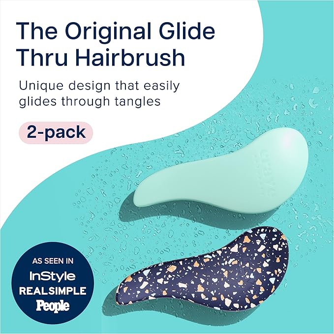 Crave Naturals Glide Thru Detangling Hair Brushes for Women - Detangler Brush for Curly or Straight, Wet or Dry Hair - Gentle on Tangles Comb - 7.5x3-Inch, Turquoise and Terrazzo (Pack of 2)-CubbioJoy