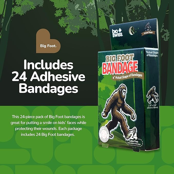 BioSwiss Bandages, Bigfoot Shaped Self Adhesive Bandage, Latex Free Wound Care, Fun First Aid Kit Supplies for Kids and Adults, 24 Count-CubbioJoy