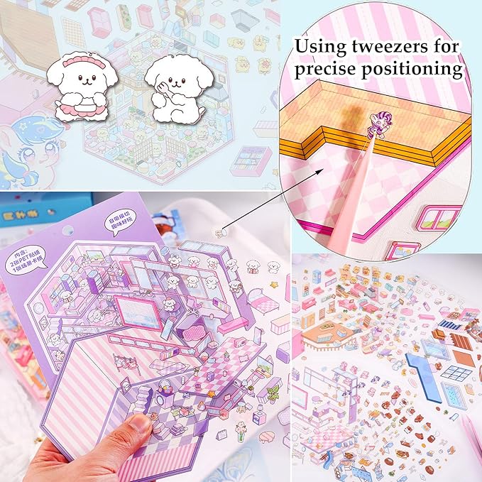 DIY 3D Sticker Scene, 6 Sets of Aesthetic Stickers for Girls Make Your Own Mini Shop Scenes Stickers for Kids Sticker Therapy for Adult Relief Stress Pass The Time-CubbioJoy