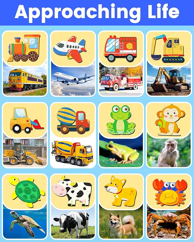 Benresive Wooden Toddler Puzzles, Montessori Toys for 1 2 3 Year Old Boys, Toys for 1 2 3 Year Old Boy Birthday Gifts, 12 Pack Vehicle Toddler Learning Educational Puzzles-CubbioJoy