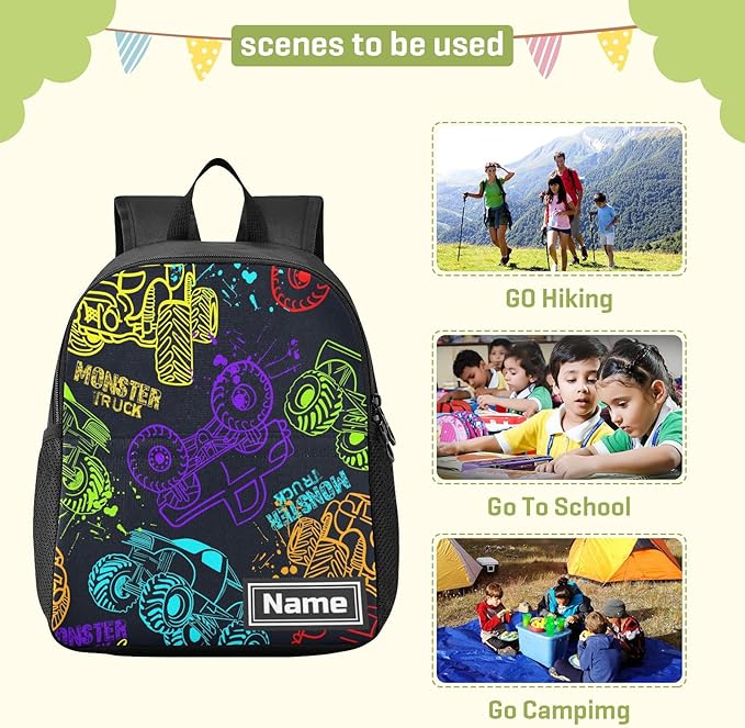 Colorful Monster Truck Toddler Backpack Waterproof Mini Backpack with Name/Text Preschool Backpack Cute Small Backpack Kindergarten Pre School Bags 13 Inch, Medium, Pattern 2-CubbioJoy