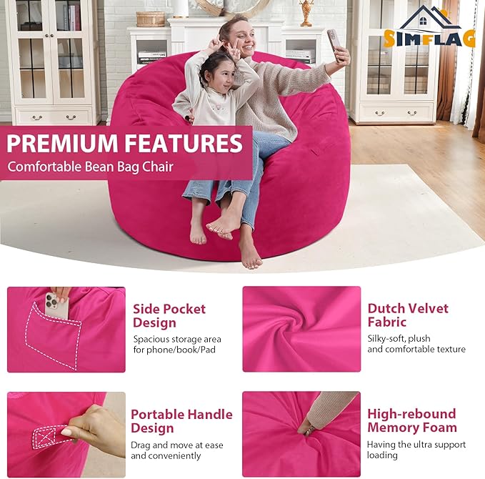 3FT Bean Bag Chair, Comfy Bean Bag Chairs with Memory Foam Filled, Fluffy Beanbag Sofa with Dutch Velvet Cover, Round BeanBag Chairs for Living Room, Playroom - Pink-CubbioJoy