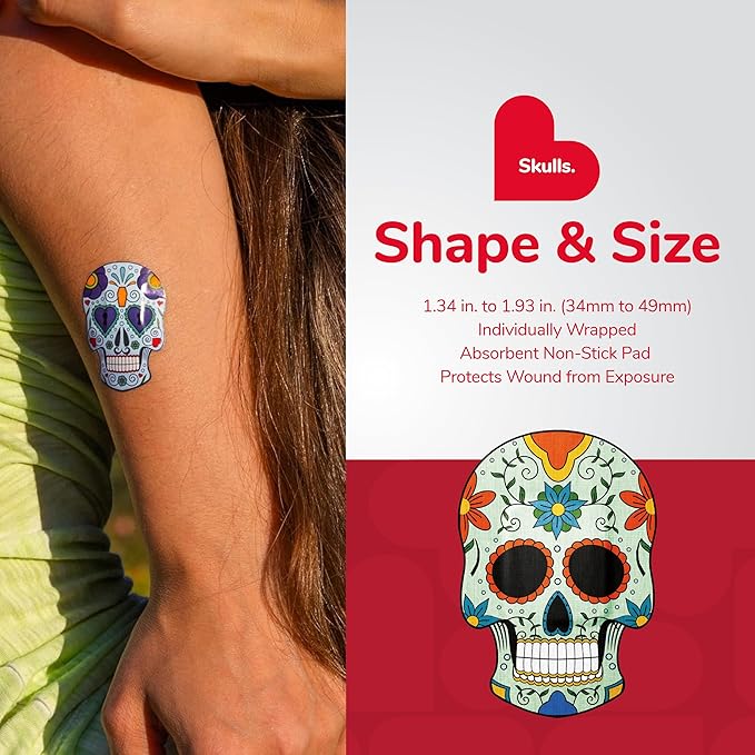 BioSwiss Bandages, Sugar Skull Shaped Self Adhesive Bandage, Latex Free Sterile Wound Care, Fun First Aid Kit Supplies for Kids, 24 Count-CubbioJoy