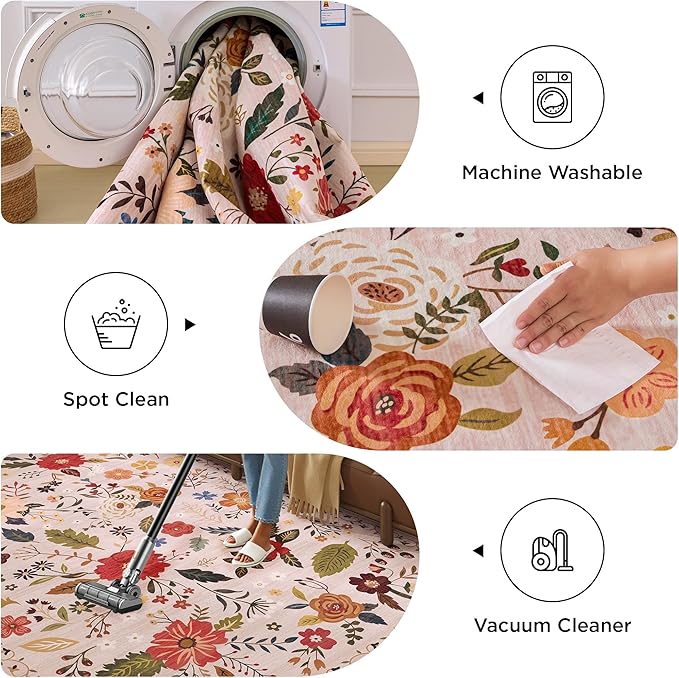 5x7 Washable Rug for Living Room, Pink Floral Area Rug, Non Slip Low Pile Soft Flower Carpet, Large Rugs for Bedroom, Dining Room, Office, Kids Playroom, Nursery, Pink/Beige-CubbioJoy