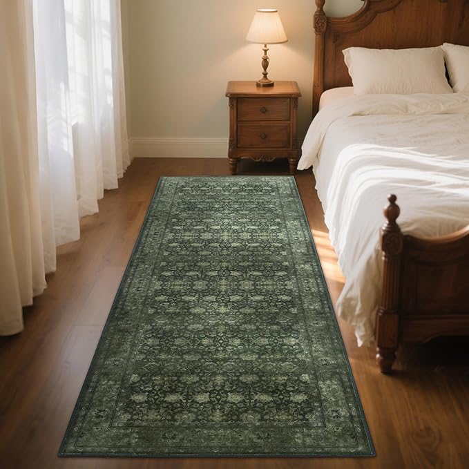 2'6x8' Washable Runner Rug for Hallway, Non Slip Vintage Floral Long Carpet Runners for Entryway, Kitchen, Bathroom, Bedroom, Low Pile Laundry Rugs Rubber Backing (Distressed Green)-CubbioJoy