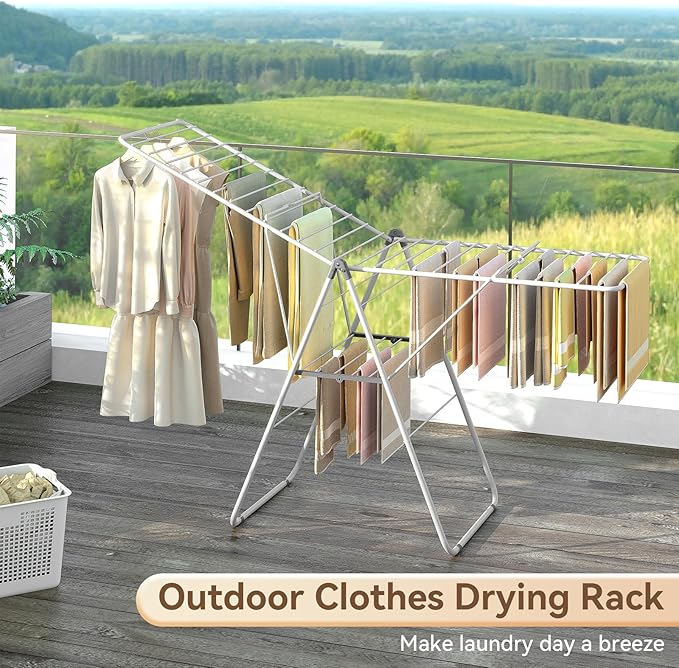 APEXCHASER Clothes Drying Rack, Foldable Drying Rack Clothing, Sturdy Metal Laundry Drying Rack, Height-Adjustable Gullwing, Easy to Fold, Space-Saving, for Indoor Outdoor, White-CubbioJoy
