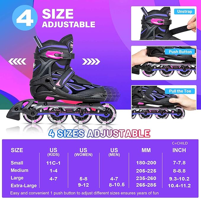 2PM SPORTS Vinal Girls Adjustable Flashing Inline Skates, All Wheels Light Up, Fun Illuminating Skates for Kids Men Adult Women and Boys-CubbioJoy