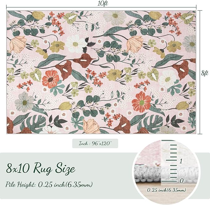 8x10 Area Rug for Living Room: Vintage Floral Washable Rug Soft Boho Non Slip Carpet Large Indoor Floor Non Shedding Low Pile Thin Carpets for Bedroom Dining Room Farmhouse Nursery Home Light Pink-CubbioJoy