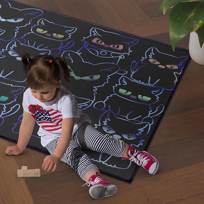 Black Play Cat Rug for Playroom for Boys Girls 3x4 Funny Cute Cat Cartoon Decor for Bedroom Living Room Non-Slip Comfy Floor Casual Mat Carpet Washable-CubbioJoy