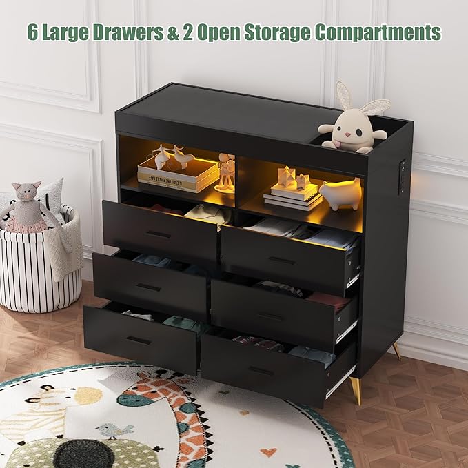 Changing Table Dresser with Drawers, Baby Dresser with Changing Table Top, Power Outlet, LED Light & Metal Feet, Diaper Changing Station Nursery Organizer for Infants Newborn, Black-CubbioJoy