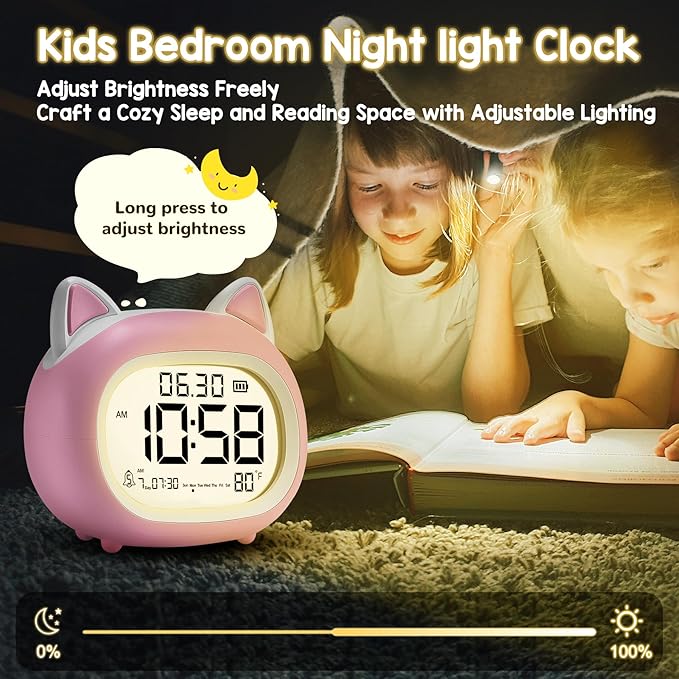 Kids Alarm Clock with Night Light for Kids, Small Digital Alarm Clocks for Bedrooms, Routine Builder, Cute Cat Alarm Clock with Sleep Training, Snooze, 12/24H, Date & Day, Temperature, USB Port-CubbioJoy