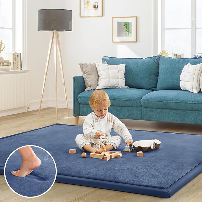 Baby Play Mat for Floor Tummy Time Mat Nursery Rug Muscle Mat Area Rug Playroom Rug Tatami Mat 6'7"x5'11" Memory Foam 1.3" Thick Crawling Mat for Babies,Toddlers, Infants, Kids,Floor Mat(Blue)-CubbioJoy