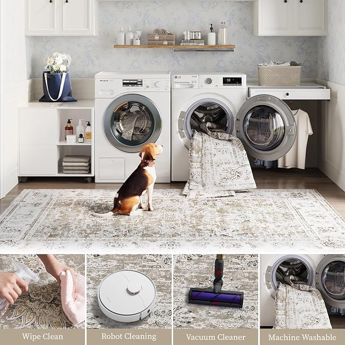 jinchan Hallway Runner Rug 3x10 Machine Washable Runner Rug Taupe Vintage Floral Design Non-Slip Low Pile Ultra-Thin for Kitchen Laundry Room Bedroom Farmhouse (3‘x10',Taupe)-CubbioJoy