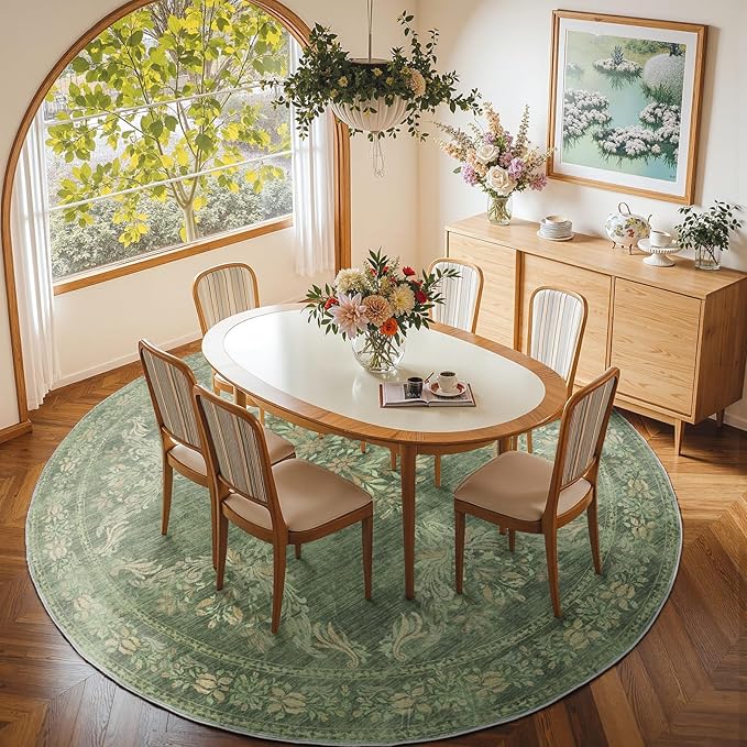 jinchan Round Rug 7ft Area Rugs,Vintage Floral Distressed Design Machine Washable Soft Non-Slip Low-Pile Ultra-Thin Circle Rug for Living Room Dining Room Bedroom Home Office (7' Round,Dark Green)-CubbioJoy