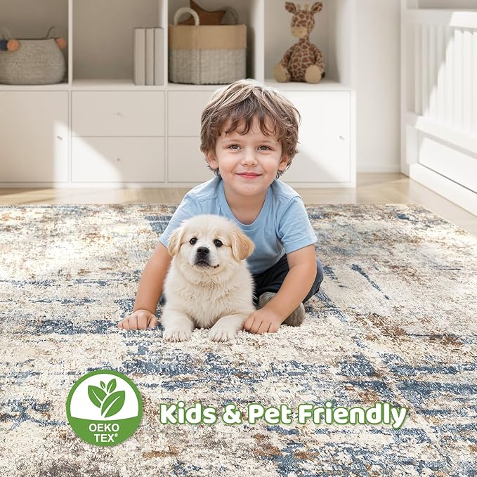 9x12 Area Rug Washable Rugs: Living Room Large Abstract Modern Soft Stain Resistant Indoor Floor Non Slip Accent Carpet for Bedroom Nursery Playroom Office Dining Room Dorm Home House- Tan-CubbioJoy