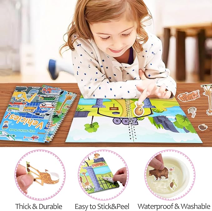 Jelly Sticker Book for Kids 2-4 Travel Essentials, Reusable Sticker Book + 8 Scenes + 2 Matching Games + 51 Large Animal Stickers for 1-3 Toddler Activities (Animals)-CubbioJoy