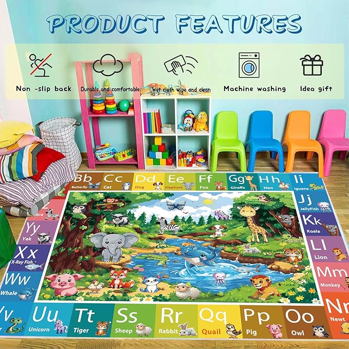 ABC Rug for Kids Room, ABC Baby Mats for Floor Toddlers, Alphabet Play Mat Elementary Preschool Kid's Rugs with Animal Illustrations - (78.7X59 Inches)-CubbioJoy