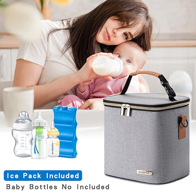 Breastmilk Cooler Bag with Ice Pack Fits 6 Baby Bottles Up to 9 Ounce, Baby Bottle Bag with Shoulder Strap for Nursing Mom Daycare, Grey-CubbioJoy