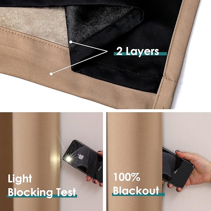 ChrisDowa 100% Blackout Curtains 80 inch Long for Bedroom with Black Liner, 2 Thick Layers Total Blackout Thermal Insulated Grommet Window Curtains 2 Panels Set (Cappuccino, 52 x 80 Inch)-CubbioJoy