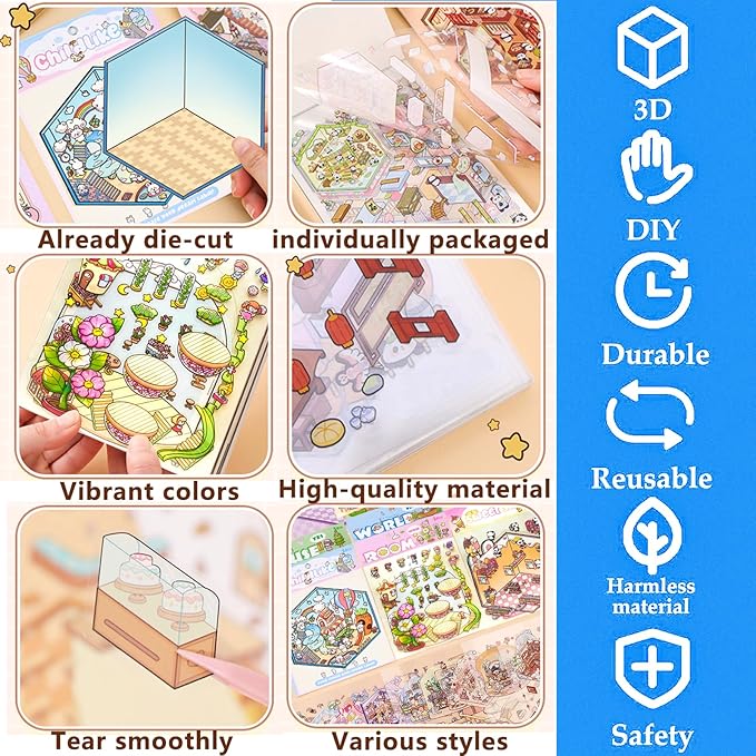 DIY 3D Sticker Scene，8 Sets Pack（500+）, Reusable Sticker Book, Cute Sets for Free Combination, Cute Waterproof for Anywhere, Crafts Party Favors Birthday Gift-CubbioJoy