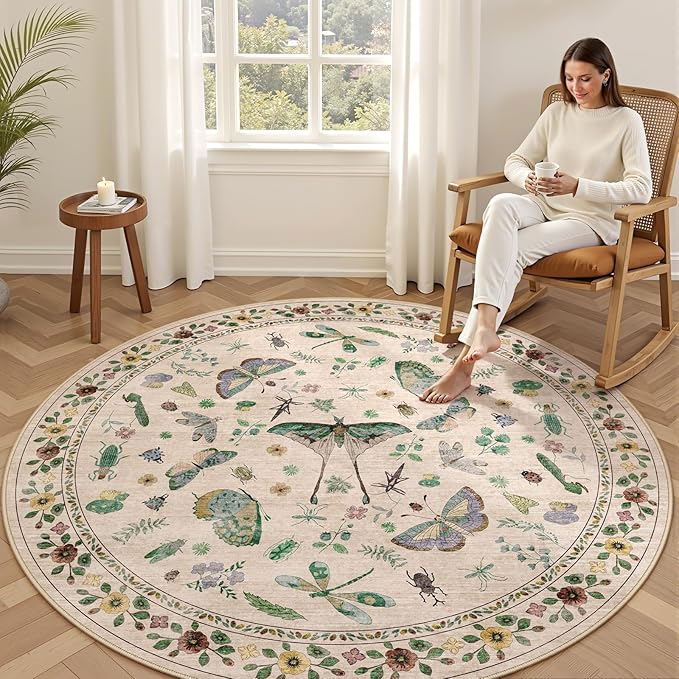 4ft Washable Round Rug - Bug Rugs for Living Room Non-Slip Low Pile Soft Ultra-Thin Machine Washable Circle Carpet for Bedroom, Entryway, Nursery, Kitchen, Home Office (4' Round Beige)-CubbioJoy