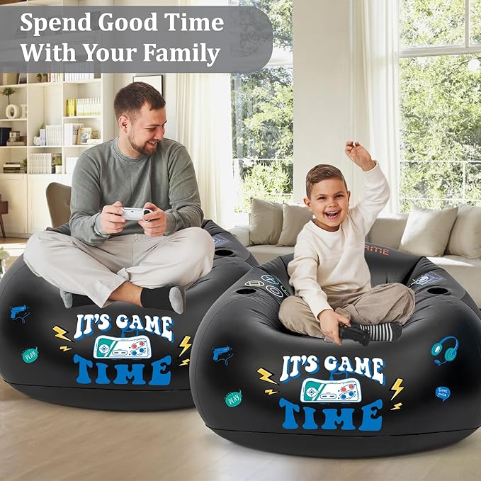 Inflatable Gaming Chair for Kids, Floor Bean Bag Chair for Teens - Boys Room Furniture with Cup Holder and Side Pocket, Inflatable Gaming Couch for Boys Room, Cool Kids Blow Up Couch Decor for Teens-CubbioJoy