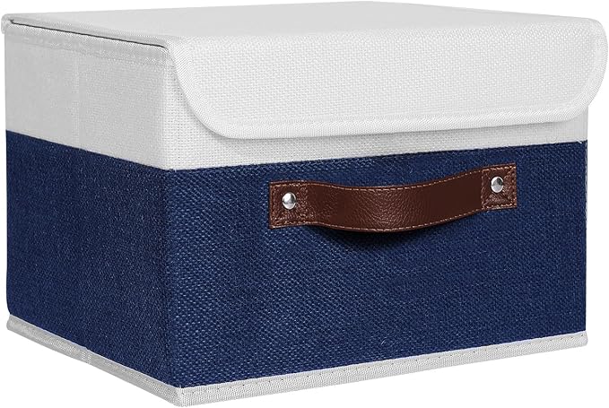 ANMINY Storage Boxes with Lids Washable Decorative Storage Bins Basket with PU Leather Handle Foldable Linen Fabric Storage Cubes Containers for Home Closet Organizer - Deep Blue White, Small Size-CubbioJoy