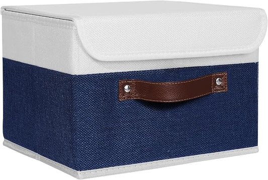 ANMINY Storage Boxes with Lids Washable Decorative Storage Bins Basket with PU Leather Handle Foldable Linen Fabric Storage Cubes Containers for Home Closet Organizer - Deep Blue White, Small Size-CubbioJoy
